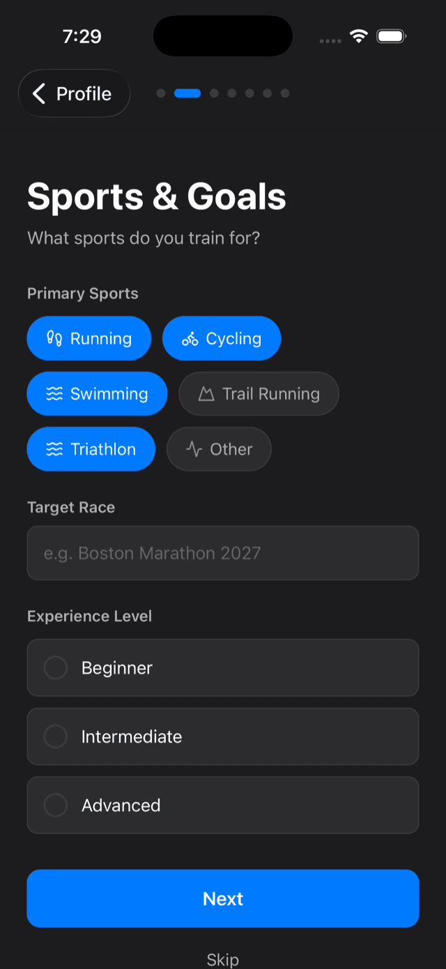 Onboarding Sports and Goals screen with running, cycling, swimming, and triathlon selected, plus target race and experience level
